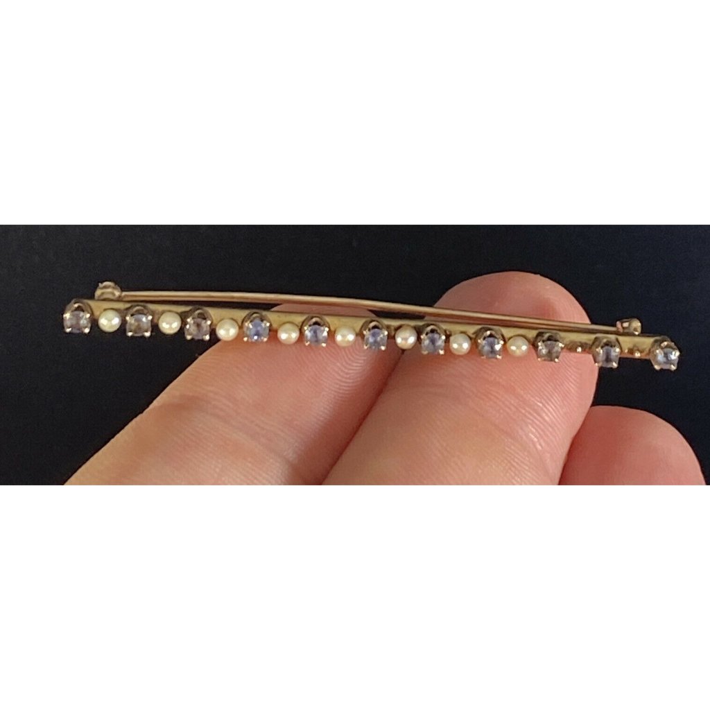 10k Gold Victorian Seed Pearl & Sapphire Bar Brooch Pin Two Pearls Missing